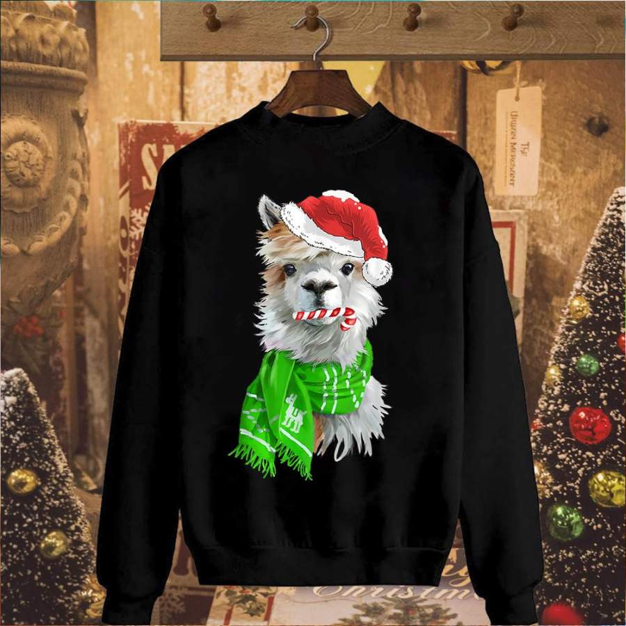 Christmas llama drama gift candy cane cute santa hat llama light green scarves black sweatshirt for men and women S-5XL