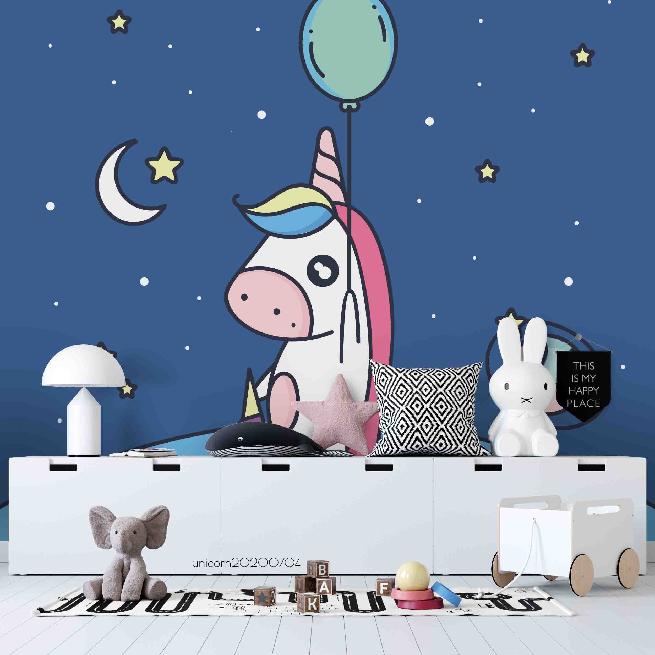 3D Blue Starry Sky Unicorn Balloon Wall Mural Wallpaper A258 Lqh