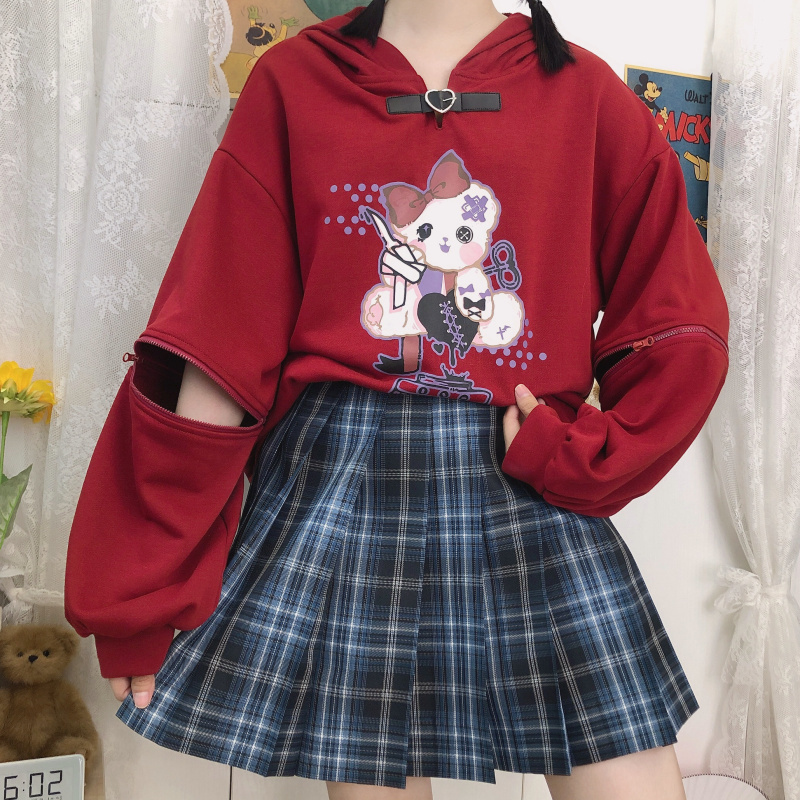 2021 Autumn Sleeves Detachable Bear Print Pullover Hooded Sweatshirt Sweet Women Kawaii Buckle Neck Hoody Teenager Girl Outwear alx