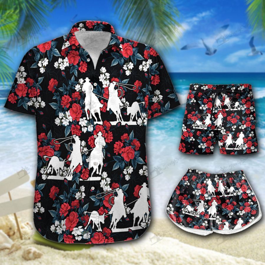 Team Roping Rose Red 2 Hawaiian Shirt Shorts Ha73613