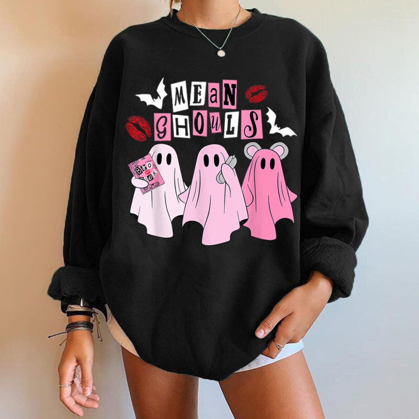 Pink Ghost Sweatshirt Halloween 2D Crewneck Sweatshirt All Over Print Sweatshirt For Women Men Sws3793