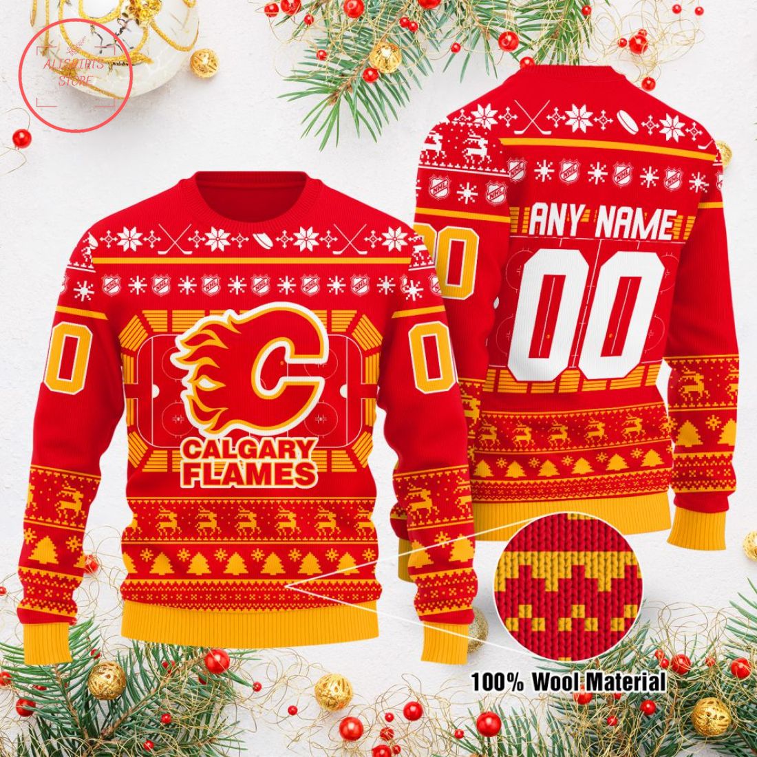 Calgary Flames Custom Name Number Red Orange Stadium Gift For Fan Ugly Wool Sweater Christmas