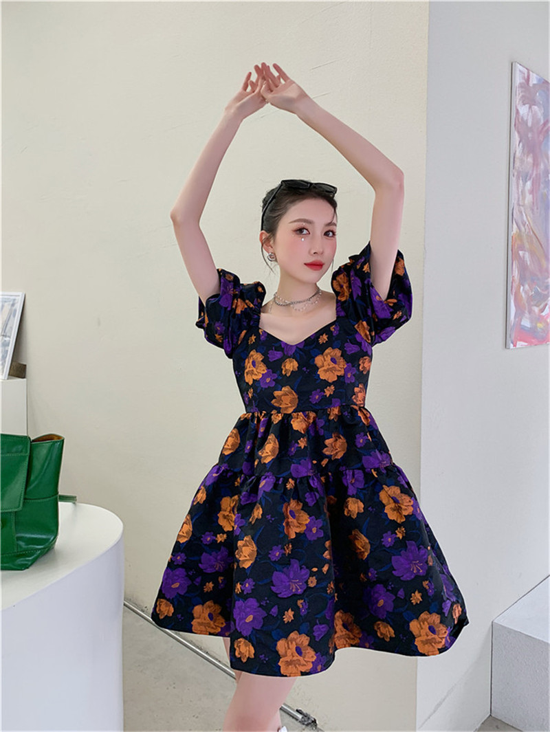 Sweet Gentle Purple Floral Puff Sleeve Jacquard Dress Women Summer Vintage Square Collar Puff Sleeve Elegant Party Dress alx