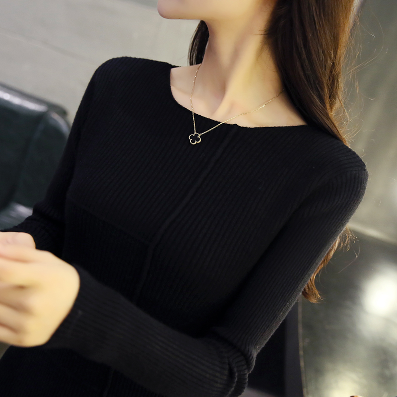 Slim collar sweater female short sleeve sweater solid head tight long sleeved shirt Hitz alx