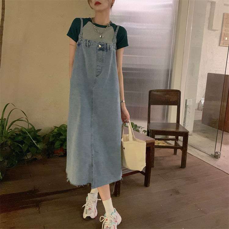 Women Sleeveless Denim Dress Straight Loose Waist Spaghetti Strap Blue Simple Casual Mid-calf Sundress Female Cool Girls Summer alx