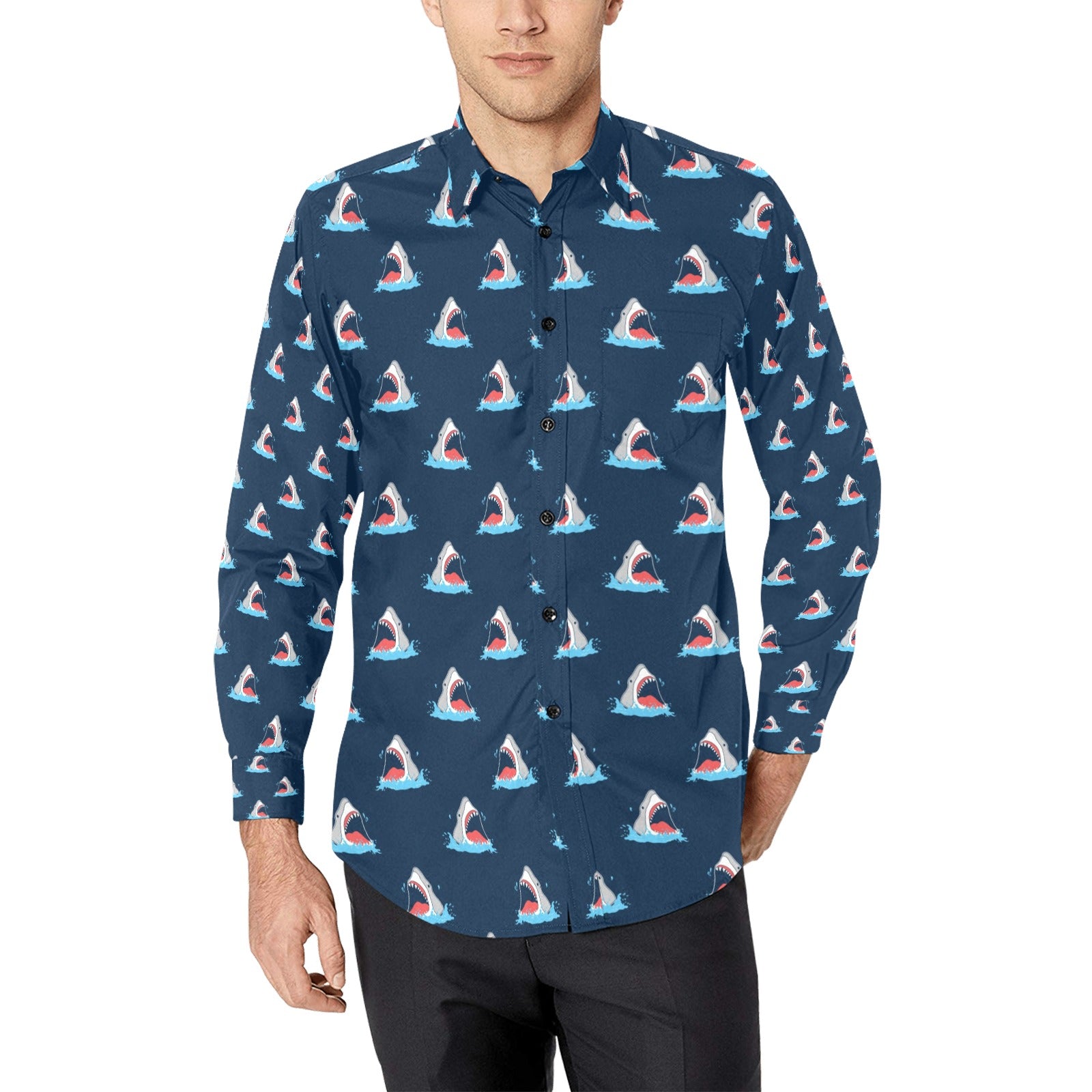 Shark Print Design Lks3010 Long Sleeve Dress Shirt