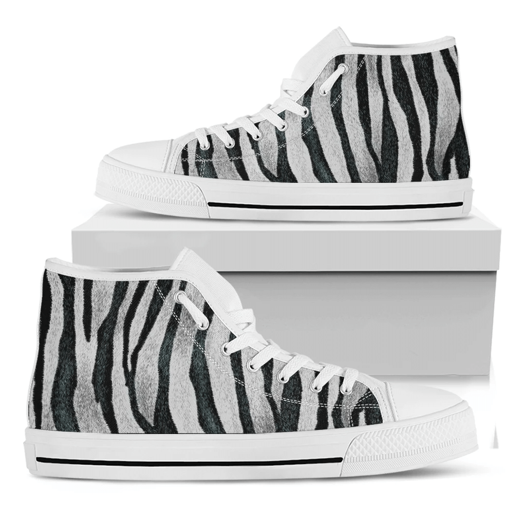 White Tiger Stripe Pattern Print White High Top Shoes For Men And Women