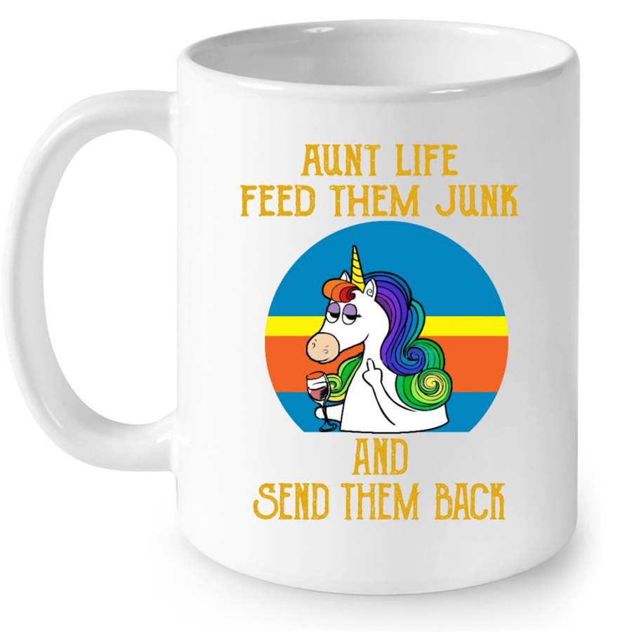 Aunt Life Feed Them Junk And Send Them Back, Funny Unicorn Sunset VIntage – Full-Wrap Coffee White Mug