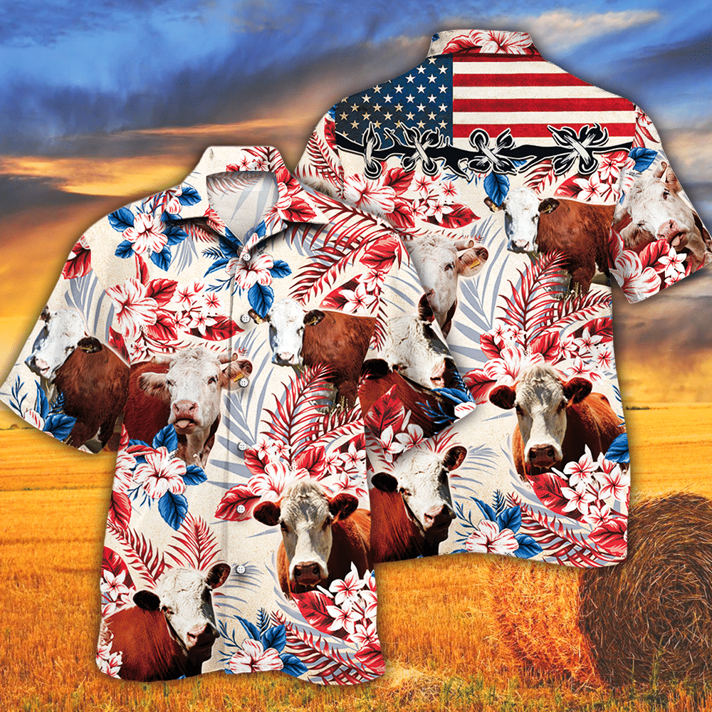 Hereford Cattle Lovers American Flag Hawaii Cow Hawaii Shirt For Men Women Ha87450