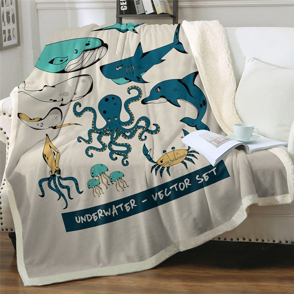 Underwater Life Ocean Animals Cozy Soft Sherpa Blanket