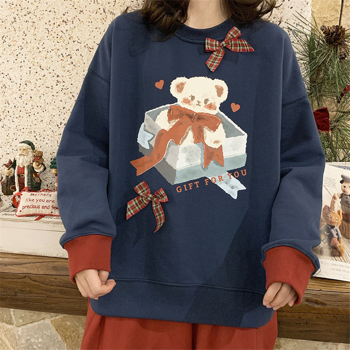 Japanese Sweet Christmas Bear Hoodies Women Cute Retro Pullover Blouse Ins College Style Jk Uniform Bowknot Harajuku Sweatshirt alx