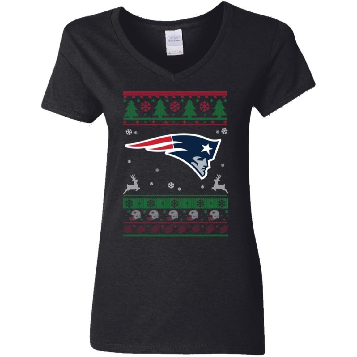 New England Patriots Logo Football Teams Ugly Christmas Sweater Women V-Neck T-Shirt