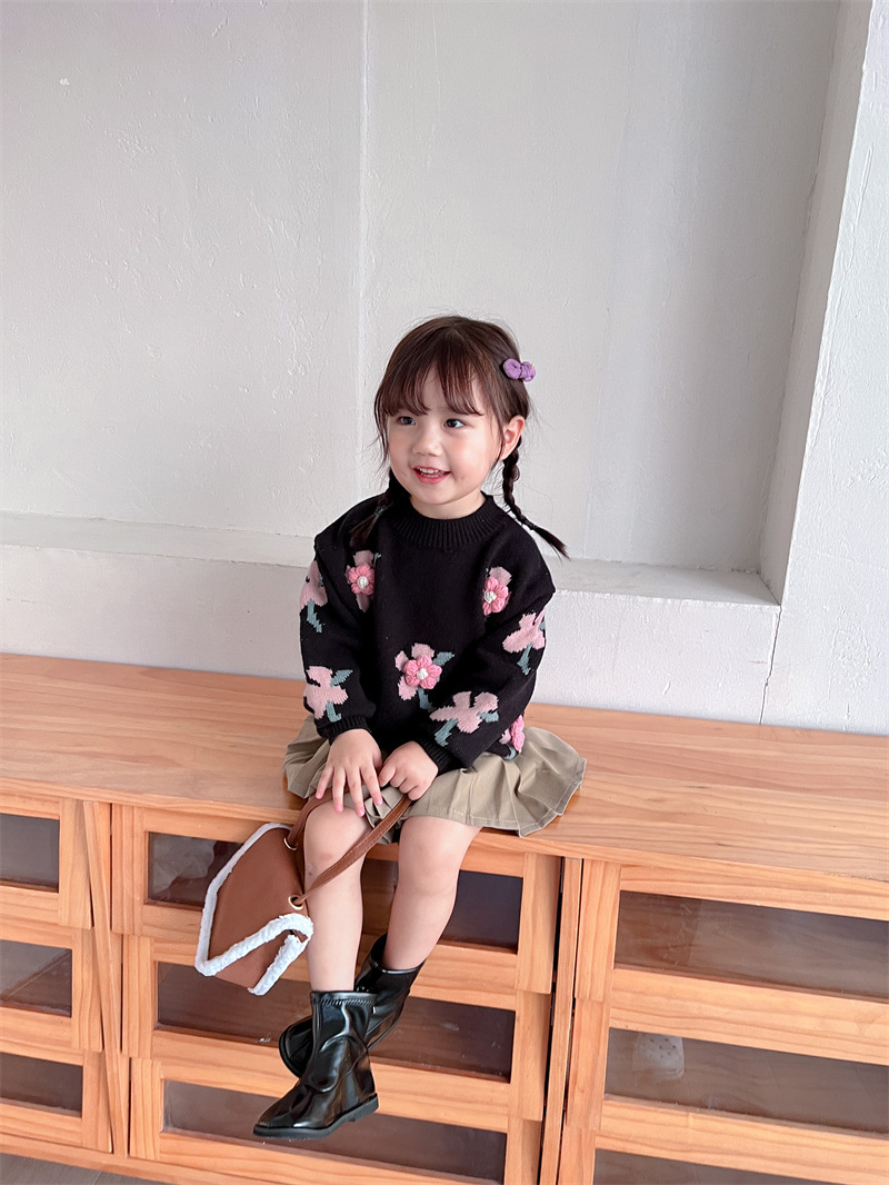 Autumn and Winter Girls’ Sweater Girls’ Baby Flowers Sweet Pullover Handmade Flowers Children’s Sweater Knitted Angora Top alx