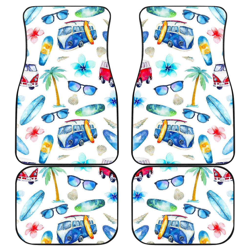 Watercolor Surfing Pattern Print Front And Back Car Floor Mats, Front Car Mat