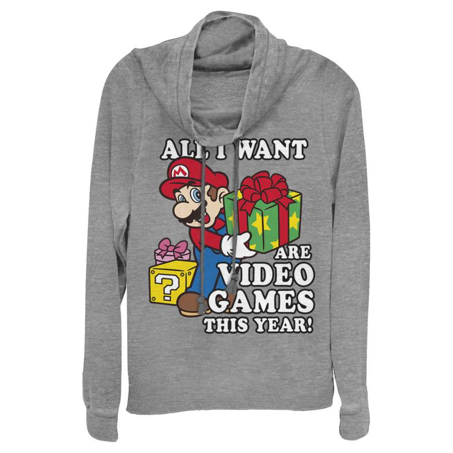 Nintendo Junior’s Christmas Mario All I Want Are Video Games  Cowl Neck Sweatshirt