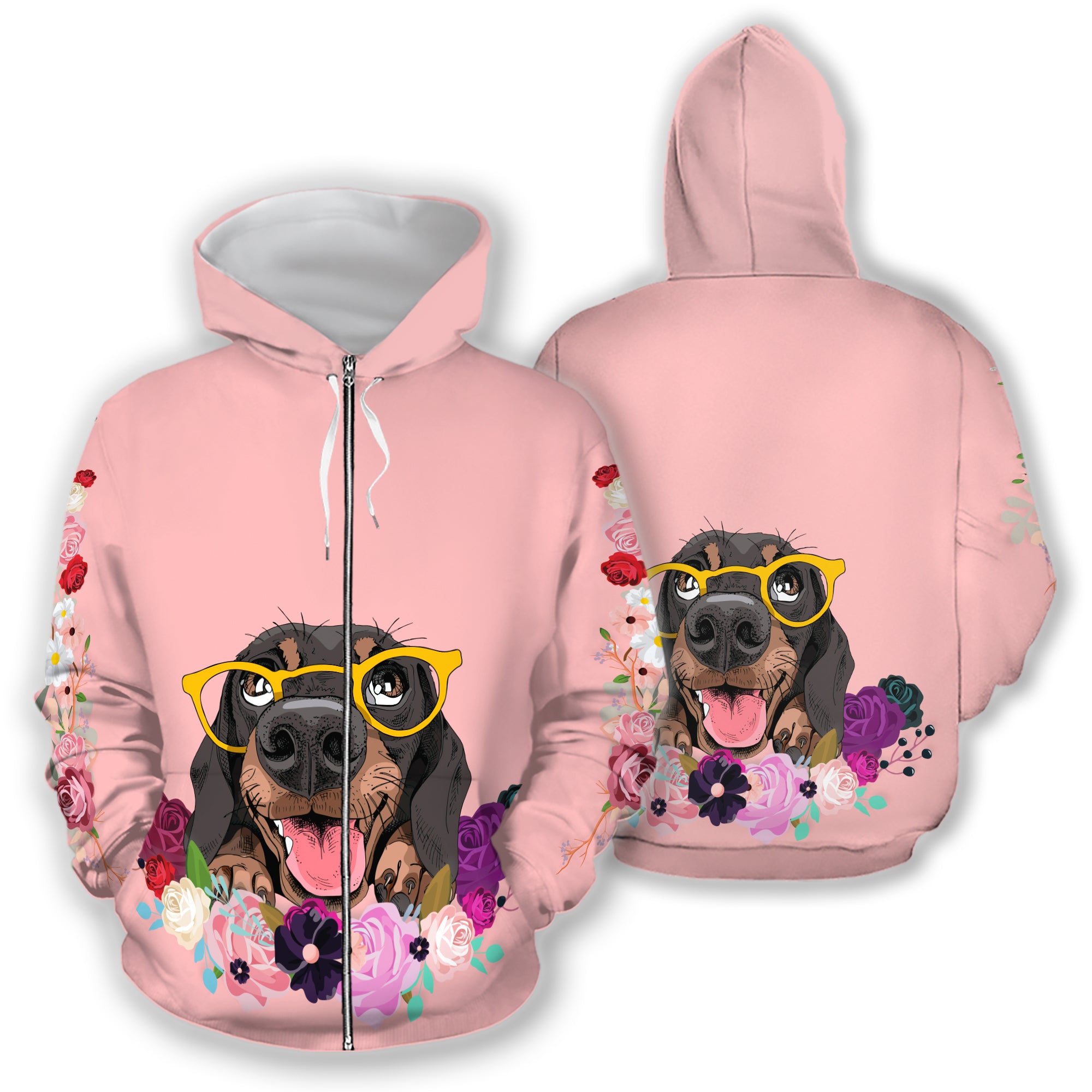 ViticFashion™ dog & flower 3D- light pink shade- soft all size zip-hoodie