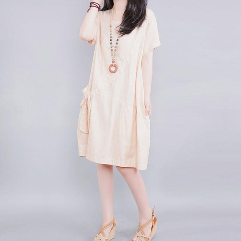 Women Casual Dress New 2020 Fashion O-neck Knee-length Loose Comfortable Cotton Linen Female Summer Dresses P314 alx