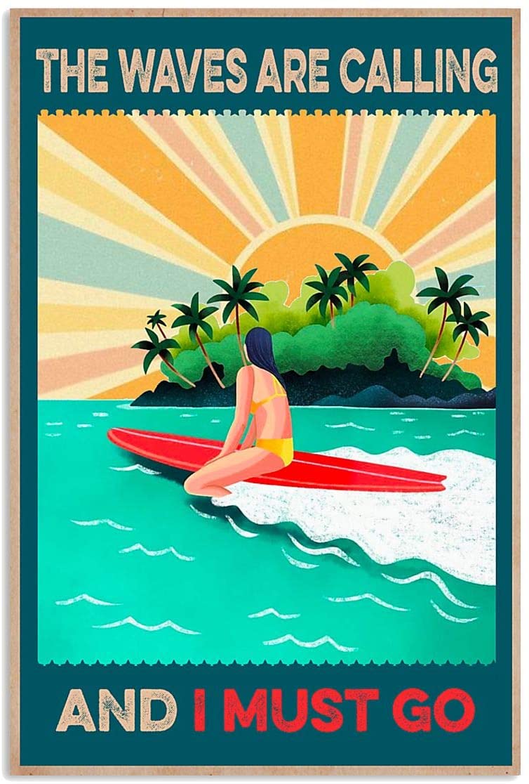 Vintage Surfing The Waves Are Calling Must Go Poster Art Print      Home Decor Gift For Men Women Family Frd On Birthday Xmas