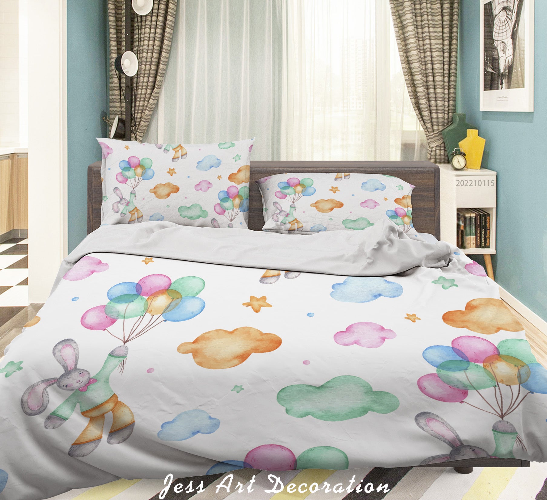 3D Hand Drawn Animal Bunny Cloud Balloon Quilt Cover Set Bedding Set Duvet Cover Pillowcases 48