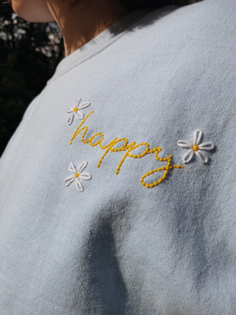 Happy Daisies Embroidered Sweatshirt 2D Crewneck Sweatshirt All Over Print Sweatshirt For Women Sweatshirt For Men Sws3474