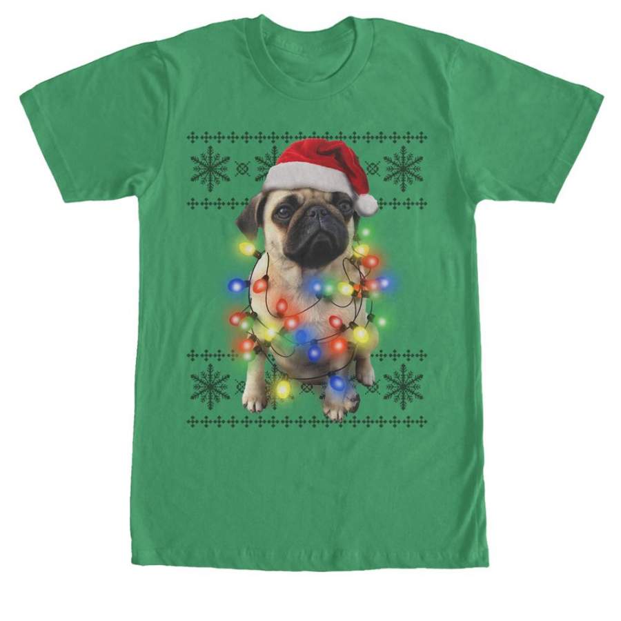 Lost Gods Men’s Ugly Christmas Pug Lights  T Shirt Kelly Green