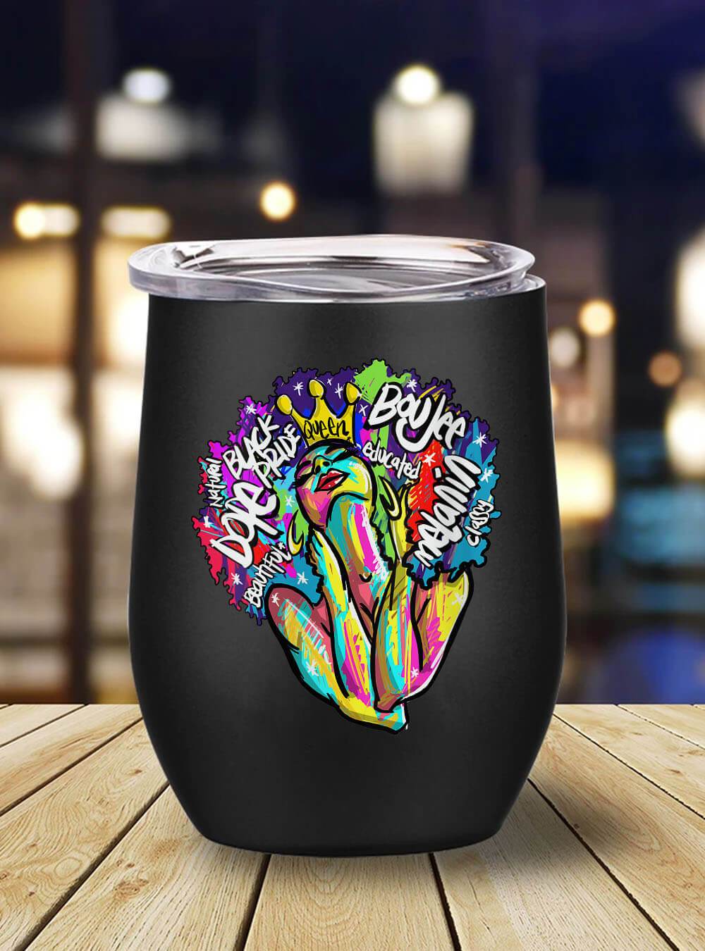 Afrocentric Tumbler Design Womens Black Queen Retro Afro Words Melanin Unapologetically Dope Stainless Steel Wine Tumbler Mug Afrocentric Inspired Gift Ideas BPS5168