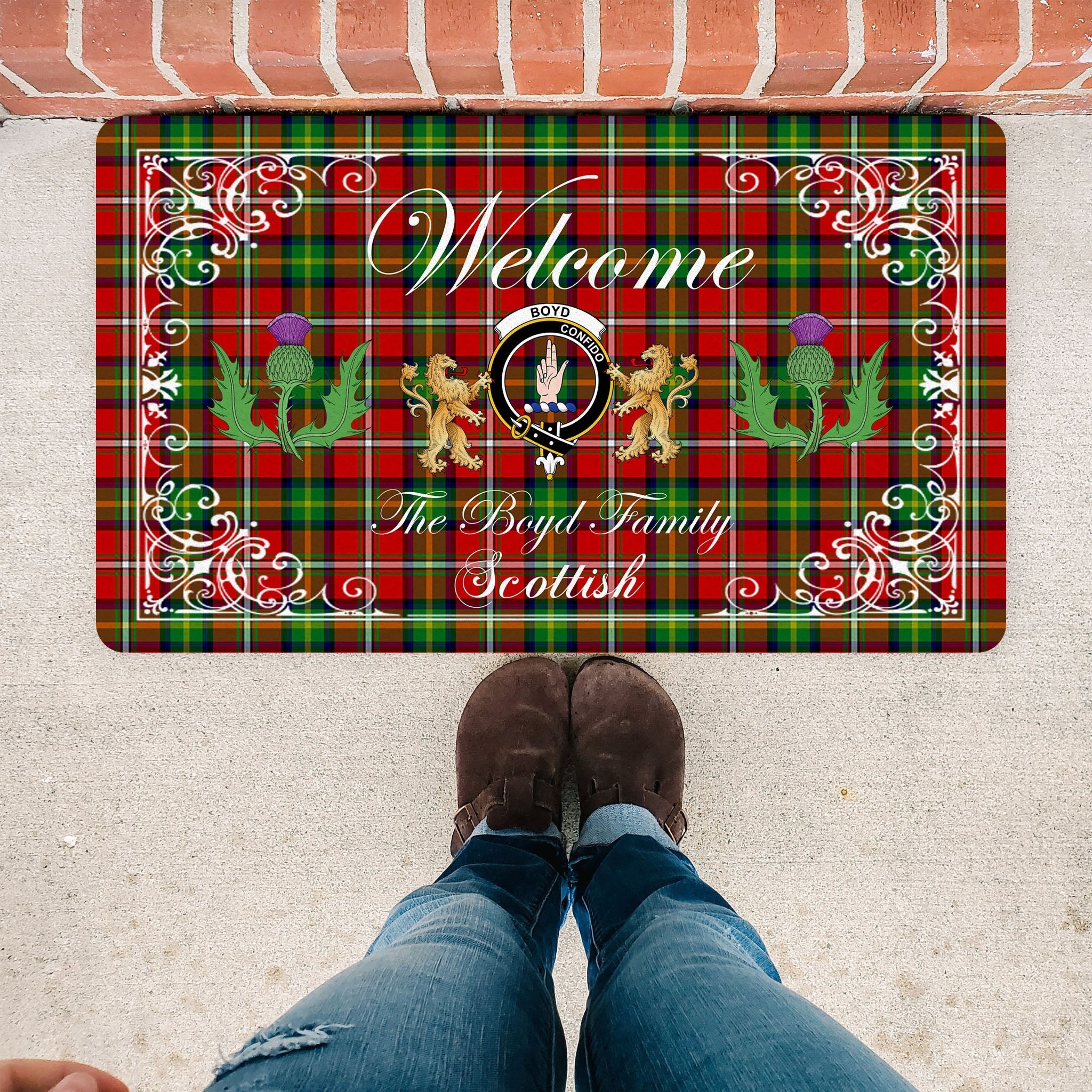 Scotstee Shop Tartan Door Mats Clan Boyd Badge Tartan Thistle And Two Lion Scottish Plaid Doormat, Christmas Door Mat Gift