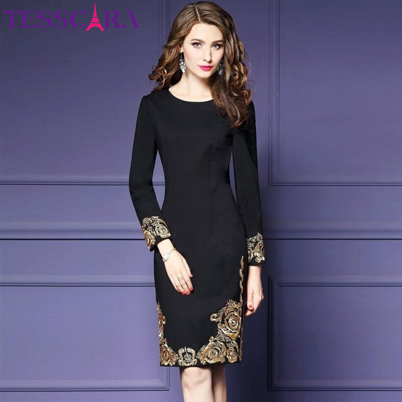 TESSCARA Autumn & Winter Women Luxury Embroidery Dress Female Elegant Office Pencil Robe Femme Retro Vintage Designer Vestidos alx