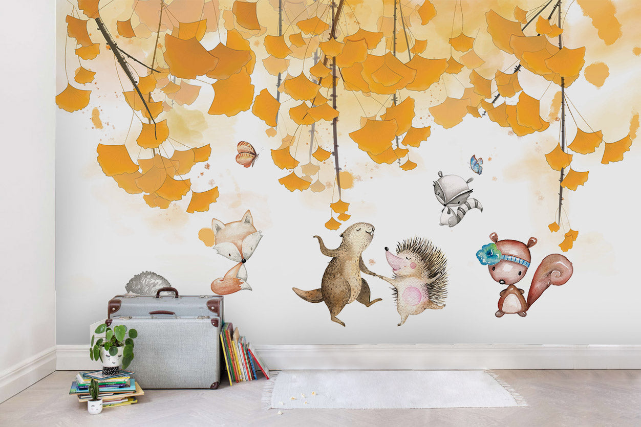 3D Hand Drawn Ginkgo Leaf Animal Wall Mural Wallpaper Lqh 112