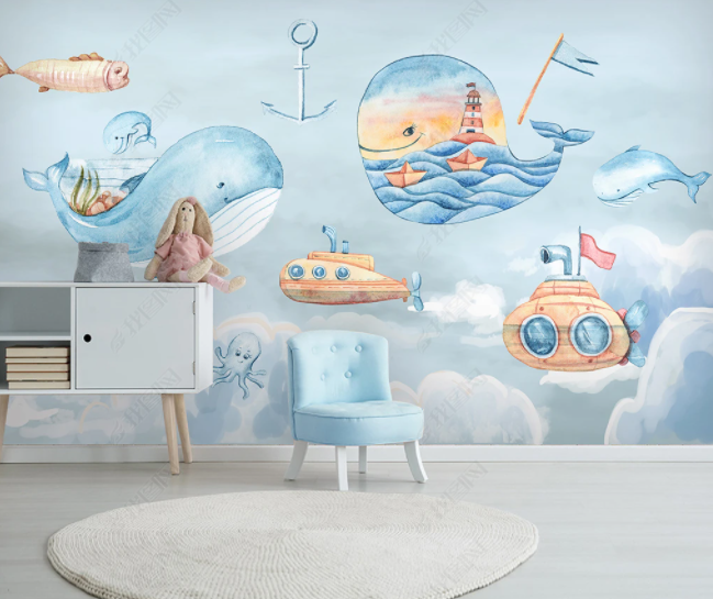 3D Cartoon Whale Sky Wall Mural Wallpaper Sww 103