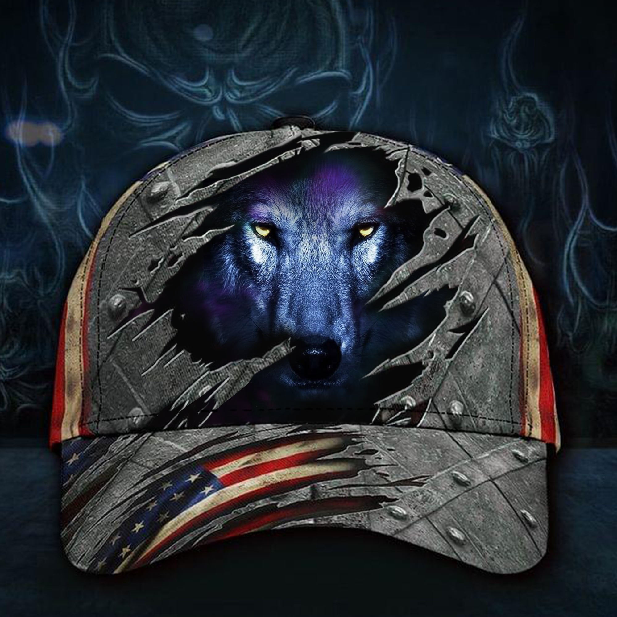 Wolf Face 3D Hat Vintage American Flag Cap For Men Patriotic Gifts For Him Wolf Lover