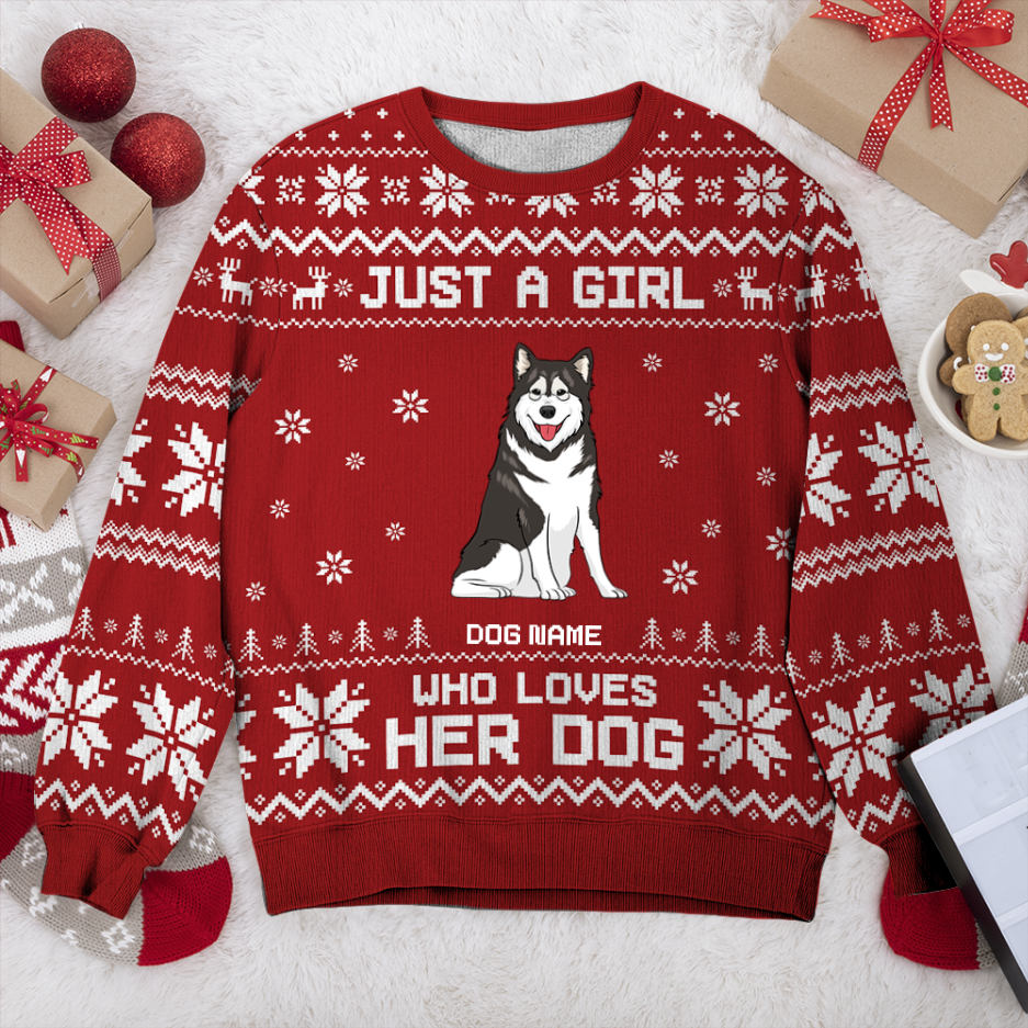 Alaskan Malamute Just A Girl Personalized Sweater, Dog Ugly Christmas Sweater