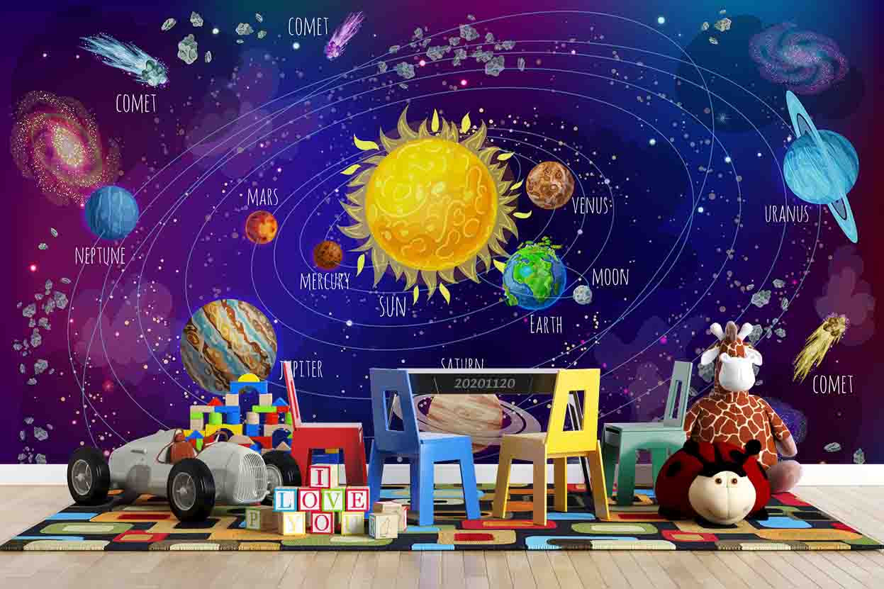 3D Cartoon Space Sun Earth Saturn Planet Star Nebula Wall Mural Wallpaper Lxl