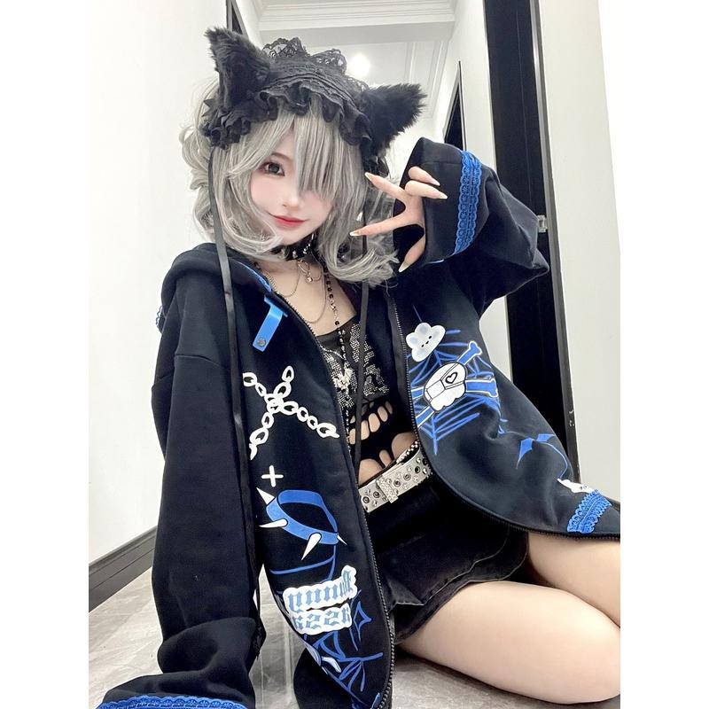 Y2k Autumn and Winter 2022 New Cute Bandage Rabbit Zip Hoodie Printed Hooded Rabbit Ears Harajuku Loose Plush Sweater Coat alx