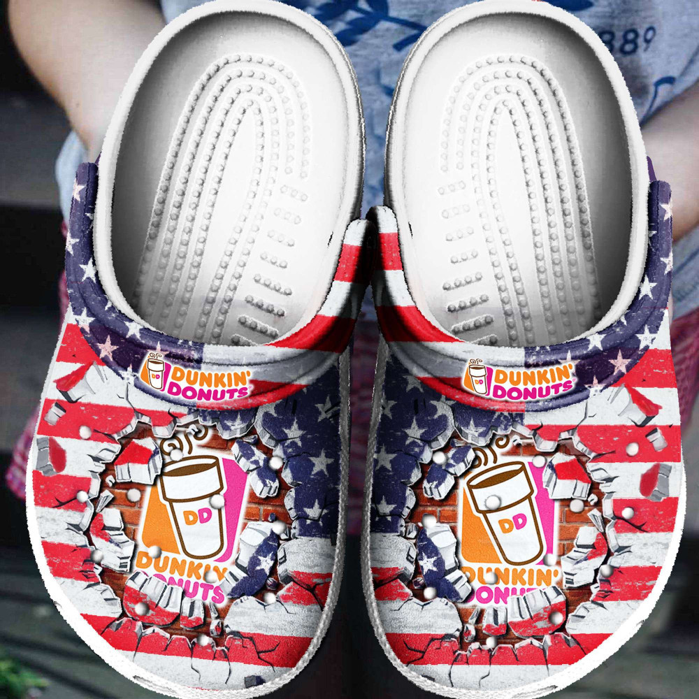 Dunkin Donuts Coffee Drink American Flag Comfortable For Man And Women Classic Water Rubber Crocs Clog Shoes Comfy Footwear