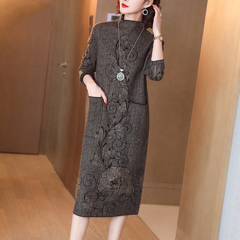 Autumn and Winter New Jacquard Knitted Dress Women Vintage Warm Sweater Dress Lady Elegant Loose Turtleneck Dress alx