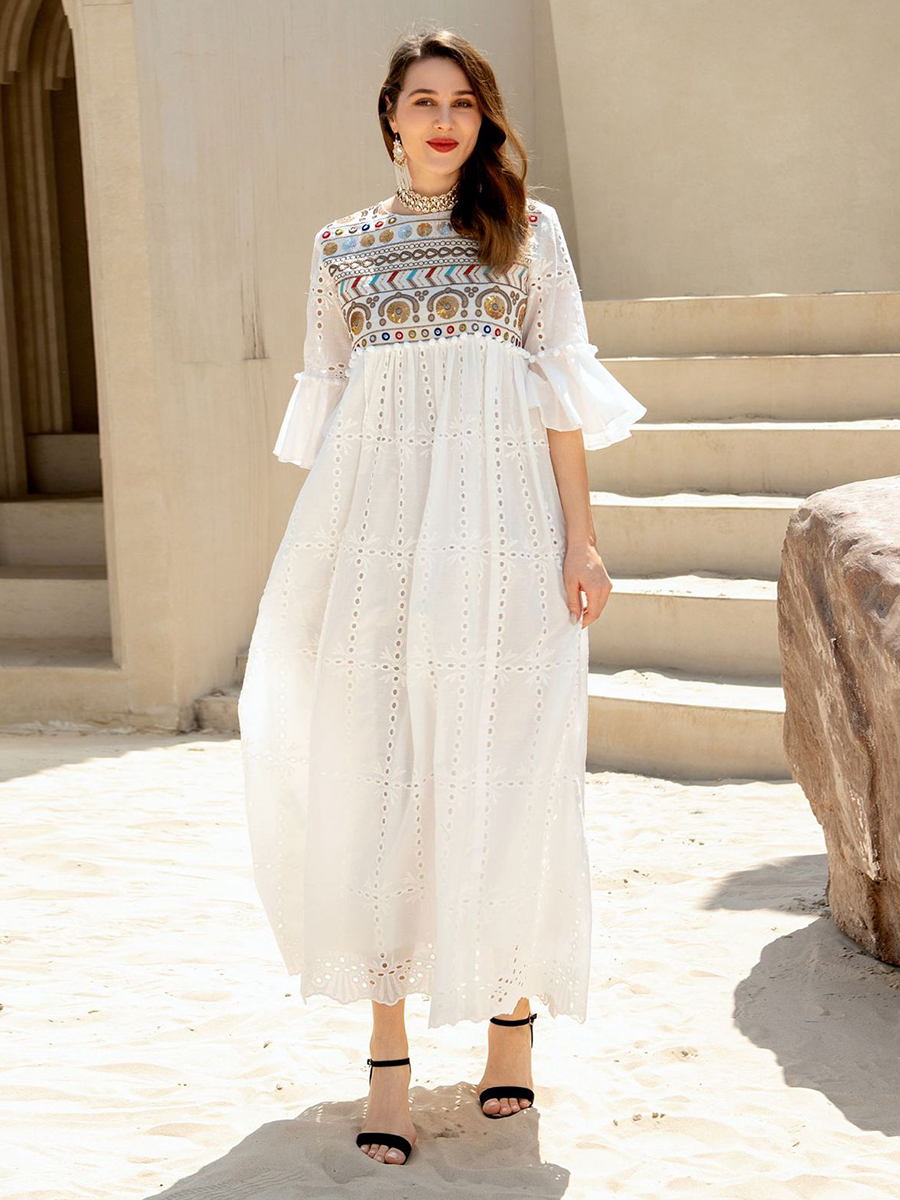 100% Cotton Sweet Hole Sequins Embroidered Maxi Dress White Ethnic Crew Neck Flare Sleeve Loose Arabic Clothes Women Summer 2022 alx