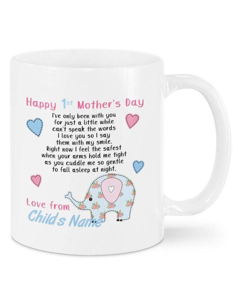 Personalized Happy 1St Mothers Day Mug, Cute Elephant Mug, Baby Shower Gift, Best Mother’S Day Gift Ideas