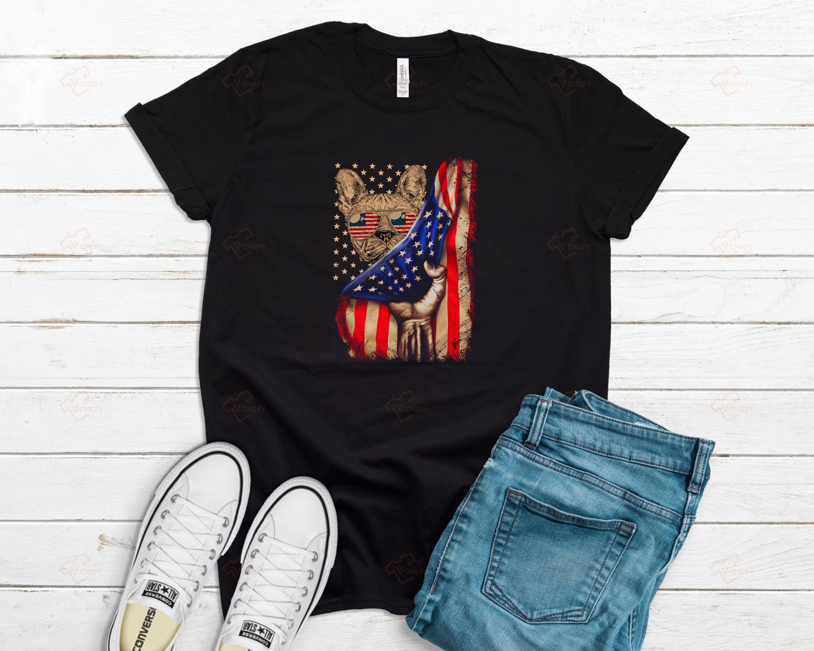 Patriotic French PullDog Shirt, American Flag Tshirt, 4th of July Shirt, Independence Day Shirt, Dog Tee, French PullDog Tee