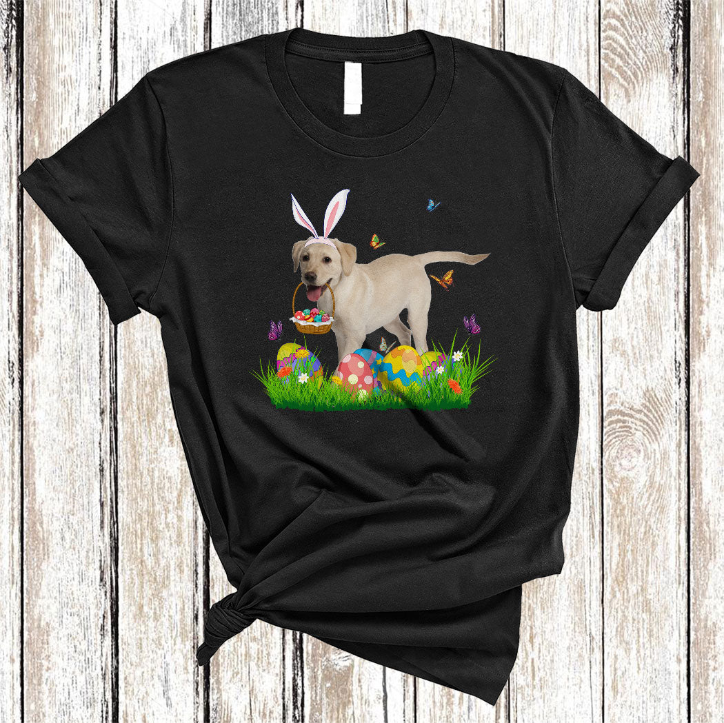 Bunny Labrador Retriever With Easter Egg Basket Cute Easter Butterfly Flower Egg Hunt Dog T-Shirt