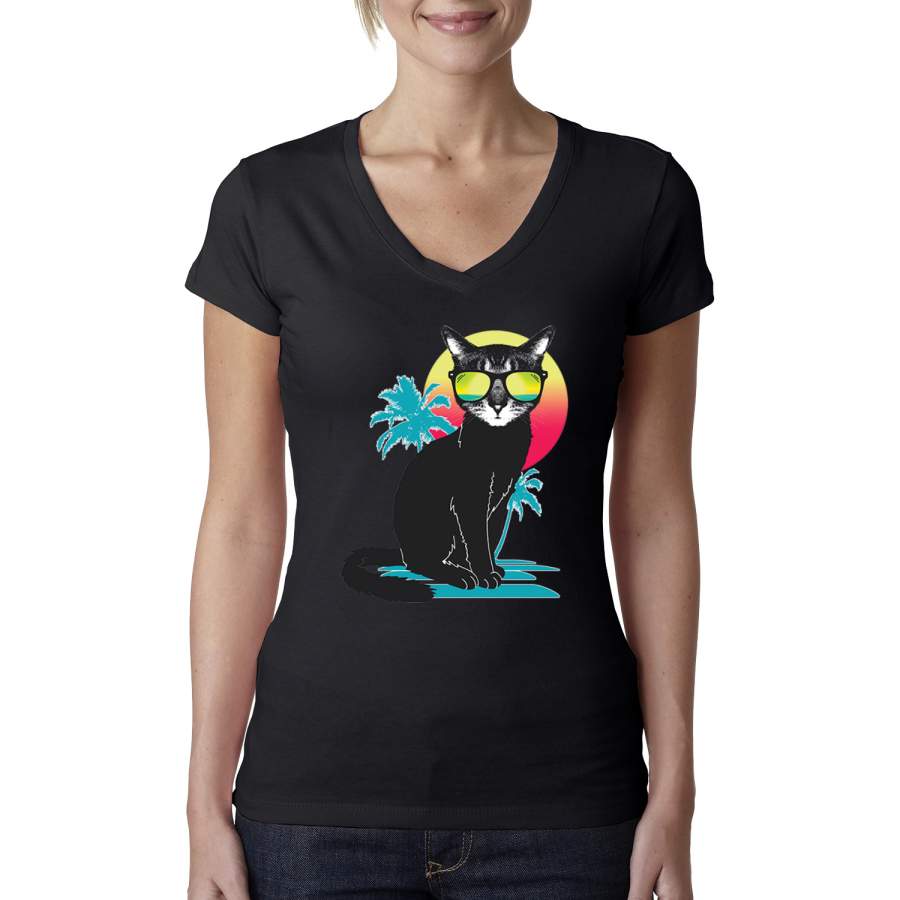 Cool California Beach Kitten Silhouette Sun Cat Cat Lover, Cats,  Womens Junior Fit V-Neck Tee