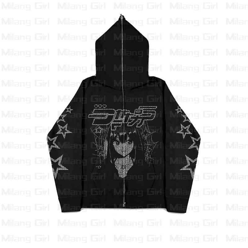 Zip up Hoodie Y2K anime Stars rhinestones graphic Print Sweatshirt Sport Gothic Long Sleeve Oversized hoodie jacket Men’s coat alx