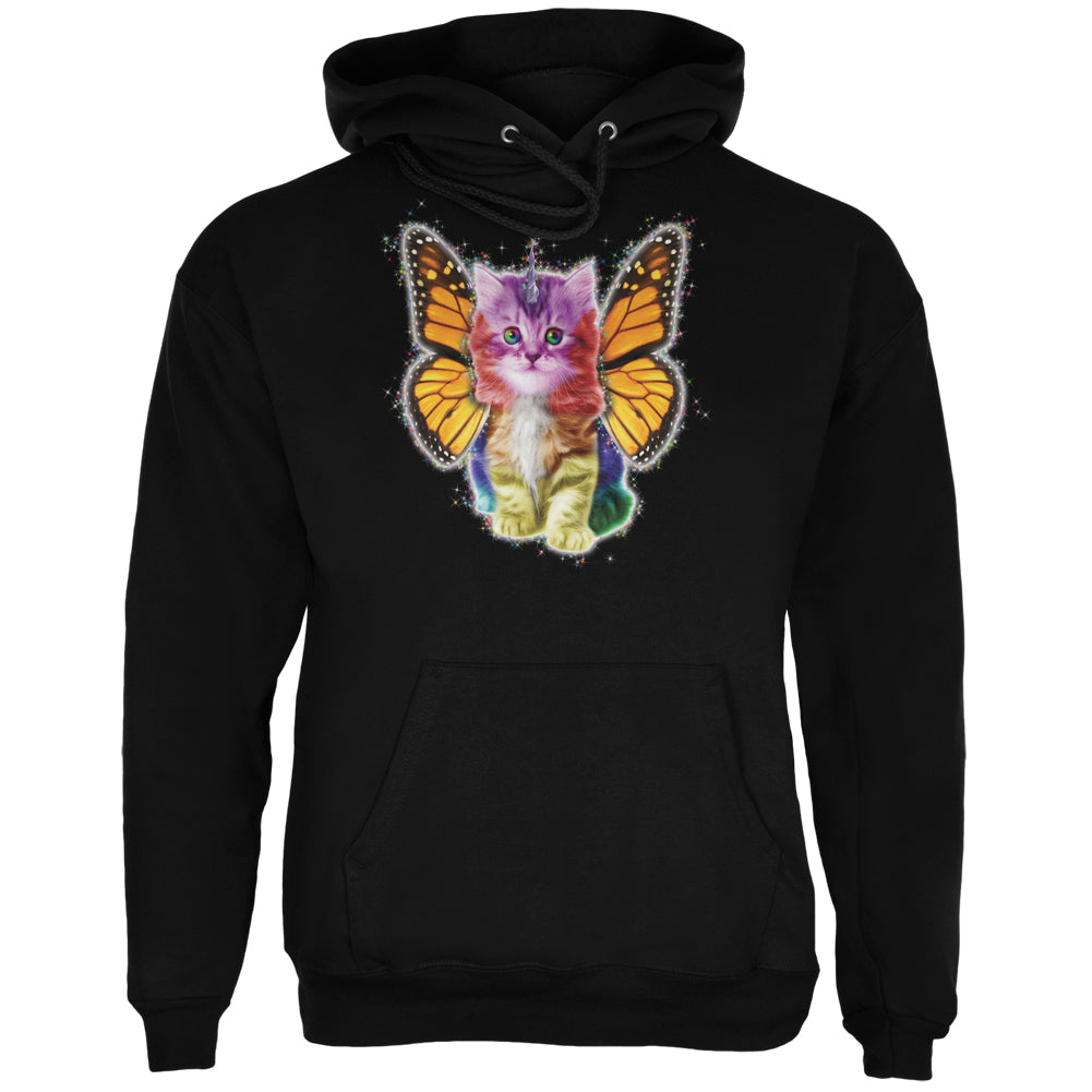 Rainbow Butterfly Unicorn Kitten Black Adult Hoodie