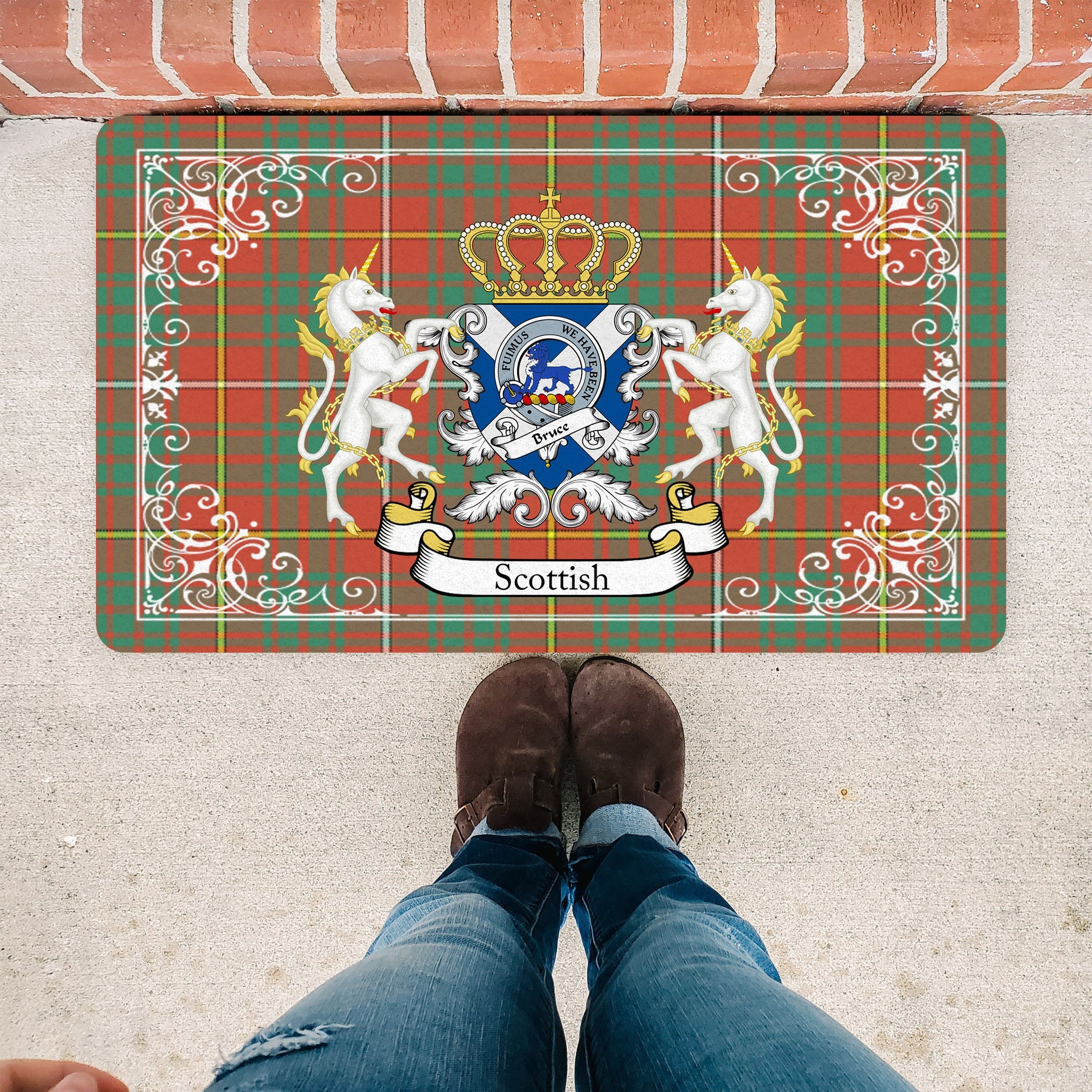 Scotstee Shop Tartan Door Mat Bruce Ancient Clan Badge Tartan Scottish Plaid Doormat, Christmas Door Mat