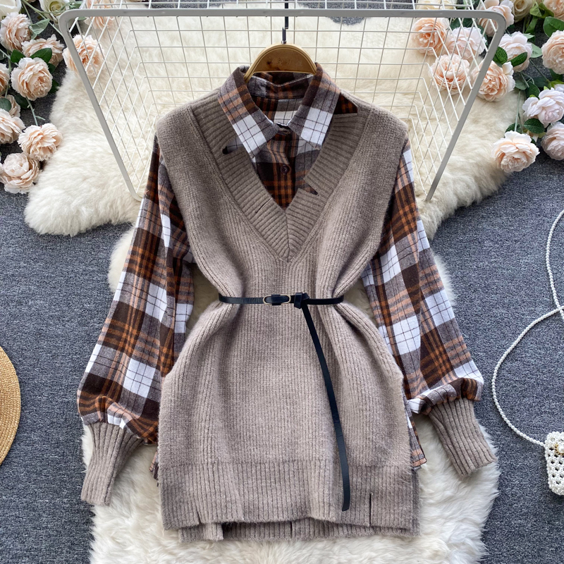 SINGREINY Women Autumn Knit Mini Dress Long Sleeve Plaid Lapel Shirt Belt V Neck Vest Elegant Office Lady Casual Winter Dresses alx