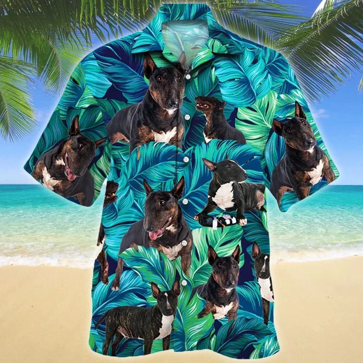 Bull Terrier Dog Lovers Blue And Green Tropical Leave Pattern Hawaii Shirt Ha64009