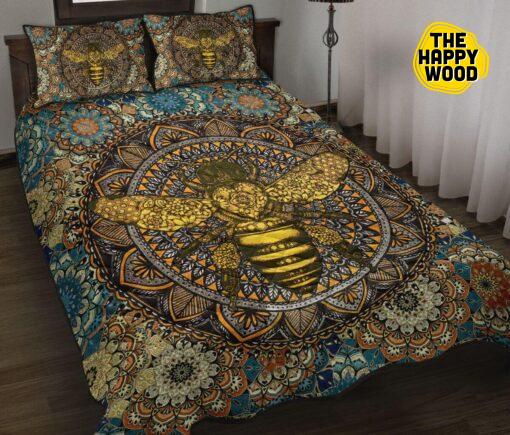 Bee Gold Mandala Flower Style Quilt Bed Set And Pillow Covers