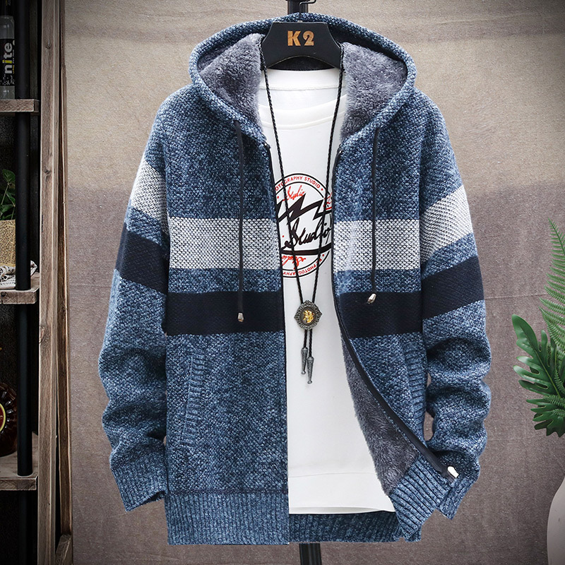 Winter Thermal Fleece Lined Korean Hooded Men Cardigan Coats Thick Knitted Sweater Jackets Top Men’s Clothing alx