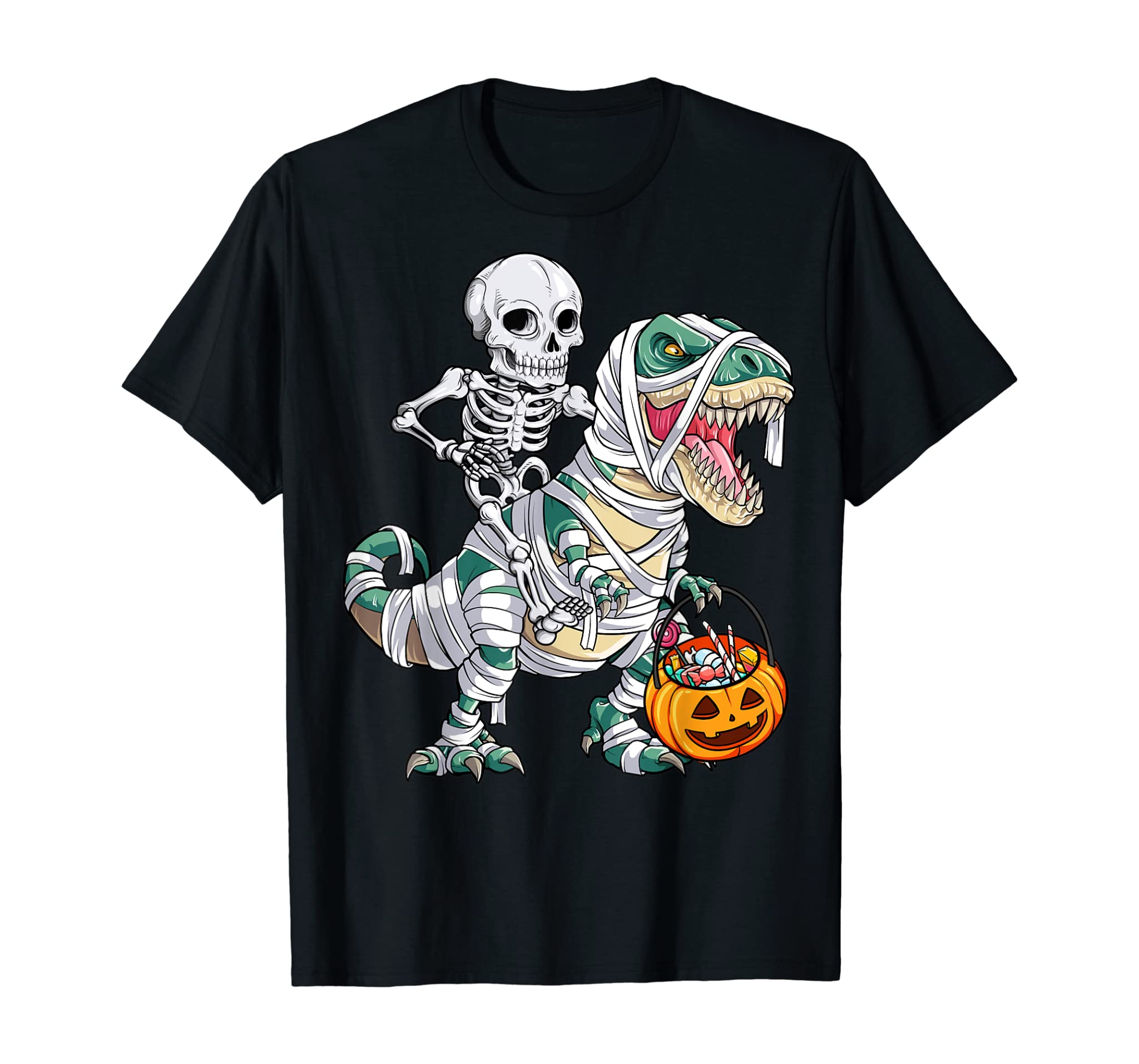 Skeleton Riding Mummy Dinosaur T Rex Halloween Kids Boys Men T-Shirt