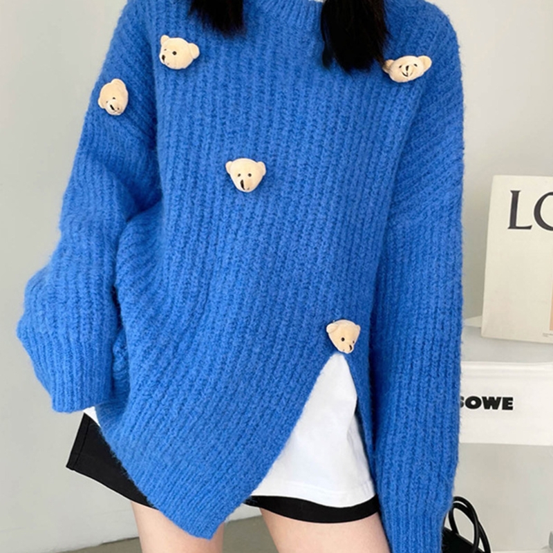 Women Ribbed Knit Long Sleeve Sweater Cute 3D Bear Doll O-Neck Pullover Tops Irregular Side Split Solid Color Loose Retro Jumper alx